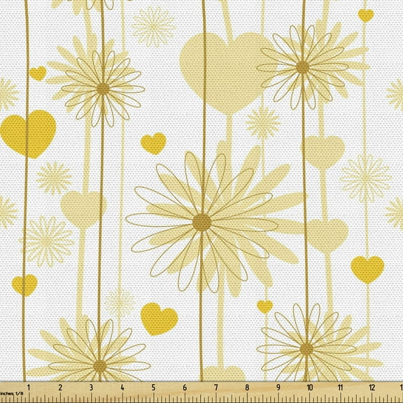 Yellow Sofa Upholstery Fabric by the Yard, Dreamy Floral Composition with Hearts Valentines Day Inspired Pattern Spring, Decorative Fabric for  Home Accents, 5 Yards, Earth Yellow Beige by Ambesonne