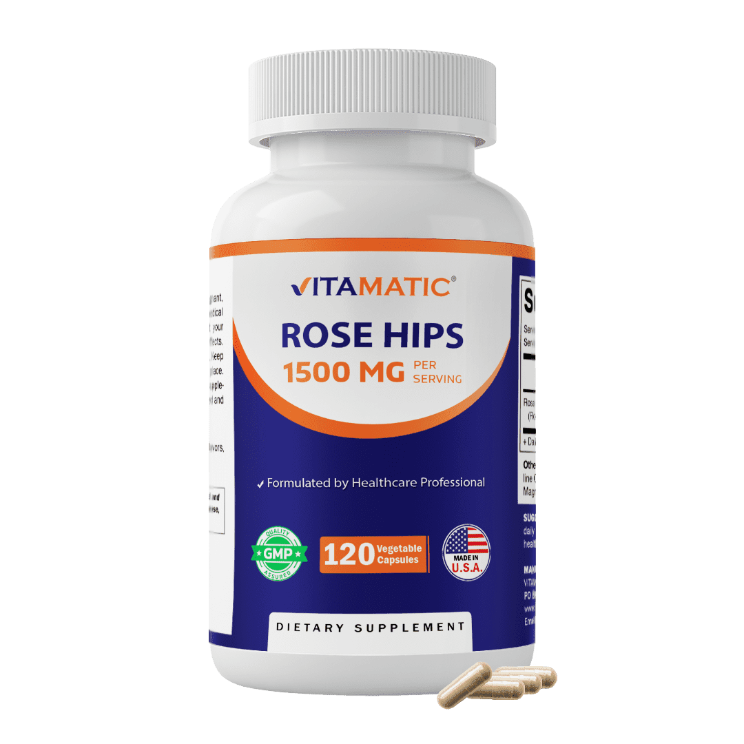 Vitamatic Rose Hips 1500 mg per Serving (Rosa Canina) – 120 Capsules – Non-GMO, Gluten Free Herbal Supplement – Rich in Natural Vitamin C & Antioxidants – Immune Support – Made in USA
