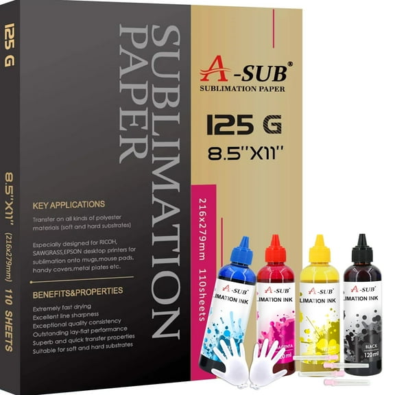Bundle Kit I 110 Sheets A-SUB Sublimation Paper 125g 8.5X11 480ML A-SUB Sublimation Ink for All Epson Inkjet Printers Heat Transfer, ET-2400 2803 2800 4800 WF ST-2000 SC F170 etc