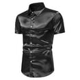 thumbnail image 2 of Honeeladyy Mens Satin Short Sleeve Shirts Summer Solid Color Button Up Slim Shirts for Party Prom Wedding New Year Gift for Boyfriend Black L, 2 of 9