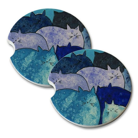 Blue Sand Store KuzmarK Sandstone Car Drink Coaster (set of 2) - Blue Meatloaf Kitties Abstract Cat Art by Denise Every ()
