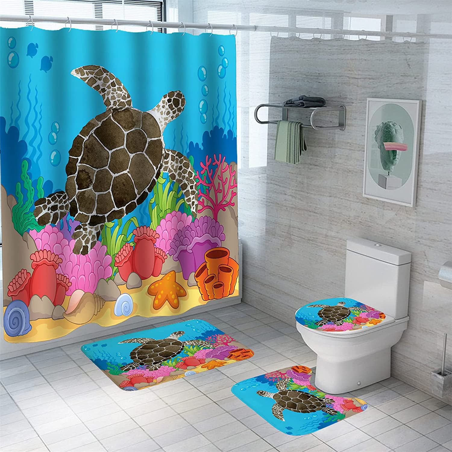 Sea Turtle Bathroom Polyester Shower Curtain Non Slip Toilet Cover Rug Mats Set# 