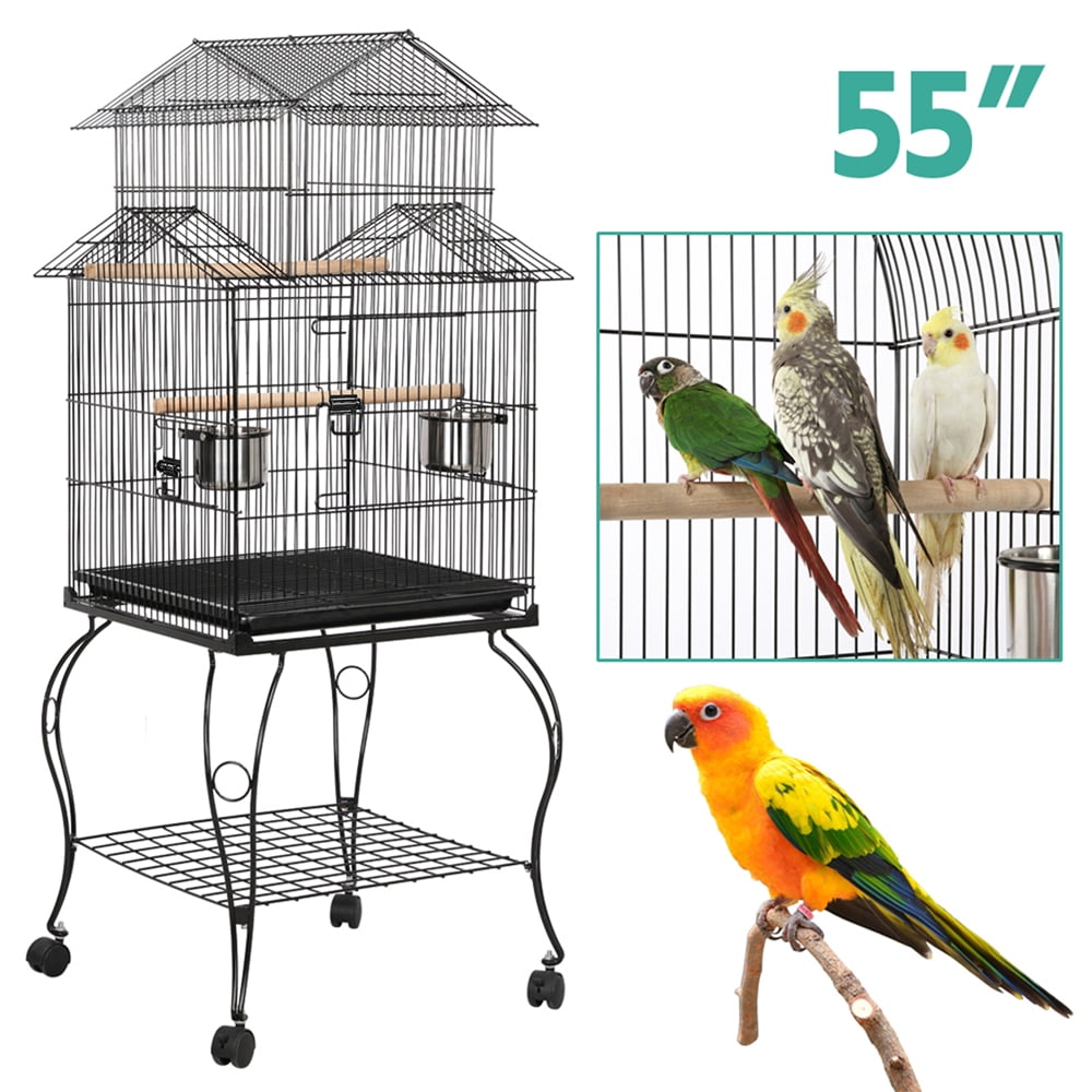 Alden Design 55" H Metal Rolling Bird Cage with Triple Roof Detachable Stand for Birds Finches Lovebirds Canaries Cockatiels Conures Parakeets, Black
