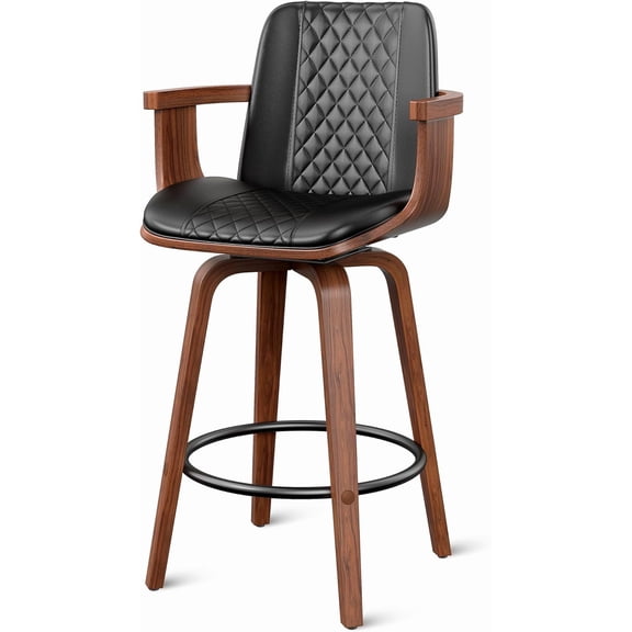 JessieMal Swivel Bar Stools, 26" Upholstered Counter Height Bar Stools with Wood Legs and Backs, PU Leather Bentwood Frame Bar Chairs with Armrest for Kitchen Island, Dining Room, Black