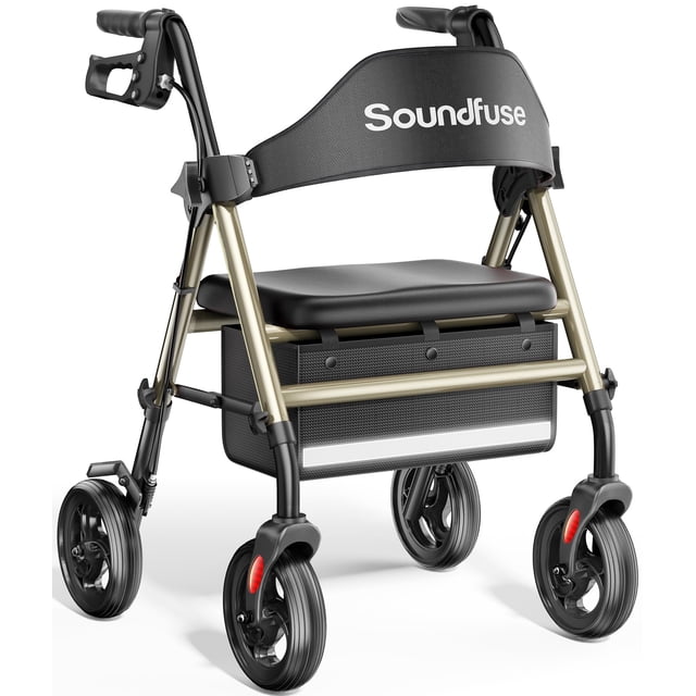 Andador con ruedas Soundfuse con asiento para personas mayores, plegable, con ruedas grandes de 8", todoterreno, asas y asiento ergonómico de altura ajustable, 169 kg (350 lb), compatible con FSA y HS
