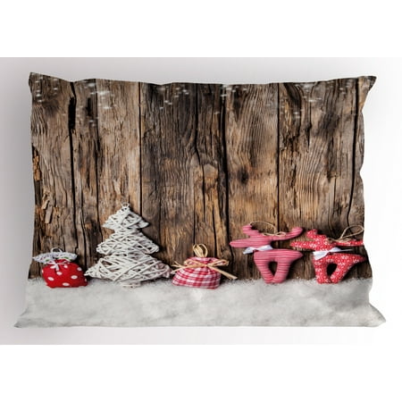 Oil Cloth Pillows Winter Pillow Sham Traditional Cute Cloth Christmas Inspired Figures Rustic Wooden Planks Vintage, Decorative Standard Size Printed Pillowcase, 26 X 20 Inches, Brown White Pink, by Ambesonne ()