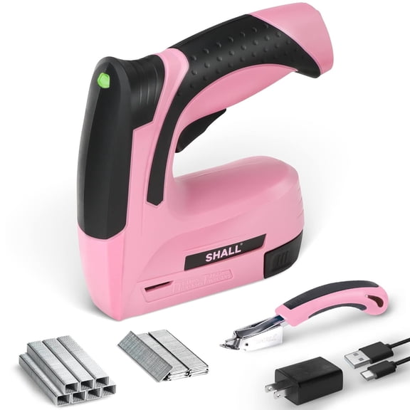SHALL Pink Electric Staple Gun, 2 in 1 Cordless Staple Gun for Wood, 4V Rechargeable Brad Nailer Kit w/ 2500 Staples Nails, Staple Remover & Fast Charger for Crafts, DIY, Decoration