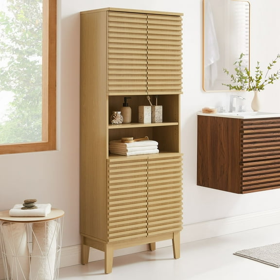 Modway Render Tall Bathroom Storage Cabinet in Oak