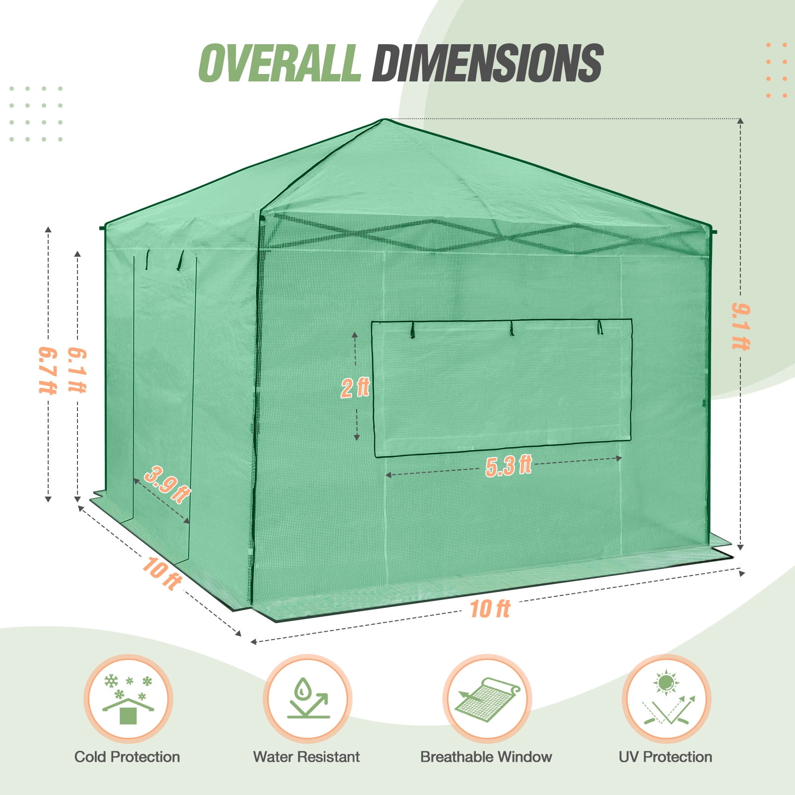 EAGLE PEAK 10x10 Portable Walk-in Greenhouse Instant Pop-up Easy Setup Indoor Outdoor Plant Gardening Green House Canopy,Green