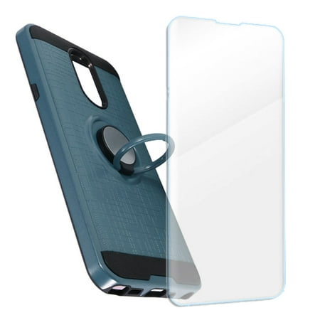 - MUNDAZE LG Stylo 4 Case Brushed Ring Stand Cover Blue, Tempered Glass Screen Protector