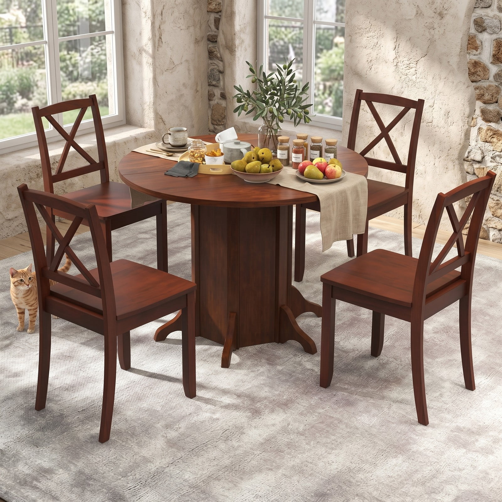 Furnibear Round Dining Table for 4-6 People, 42 Inch Kitchen Dinner Table with Pedestal Base, Waterproof MDF Tabletop with Acacia Wood Veneer for Kitchen, Walnut