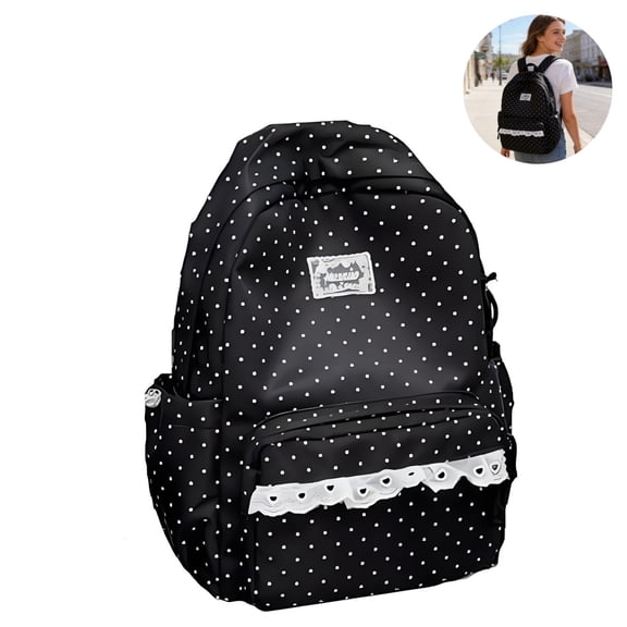 Cute Polka Dot Lace Trim Backpack, Large Capacity Casual Daypack, Lightweight Water Resistant Travel Rucksack, Fashion Multi Pocket Shoulder Bag for Commuting, Outdoor and Daily Use