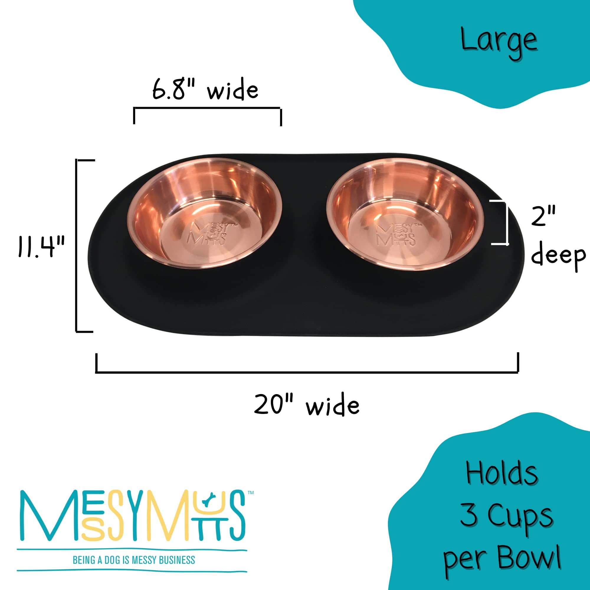 Messy Mutts Double Silicone Feeder with Copper-Colored Stainless Bowls | Non-Skid Food Dishes for Dogs | Sizes Available for All Pets | Dog Food Bowls | Large, 3 Cups Per Bowl | Black