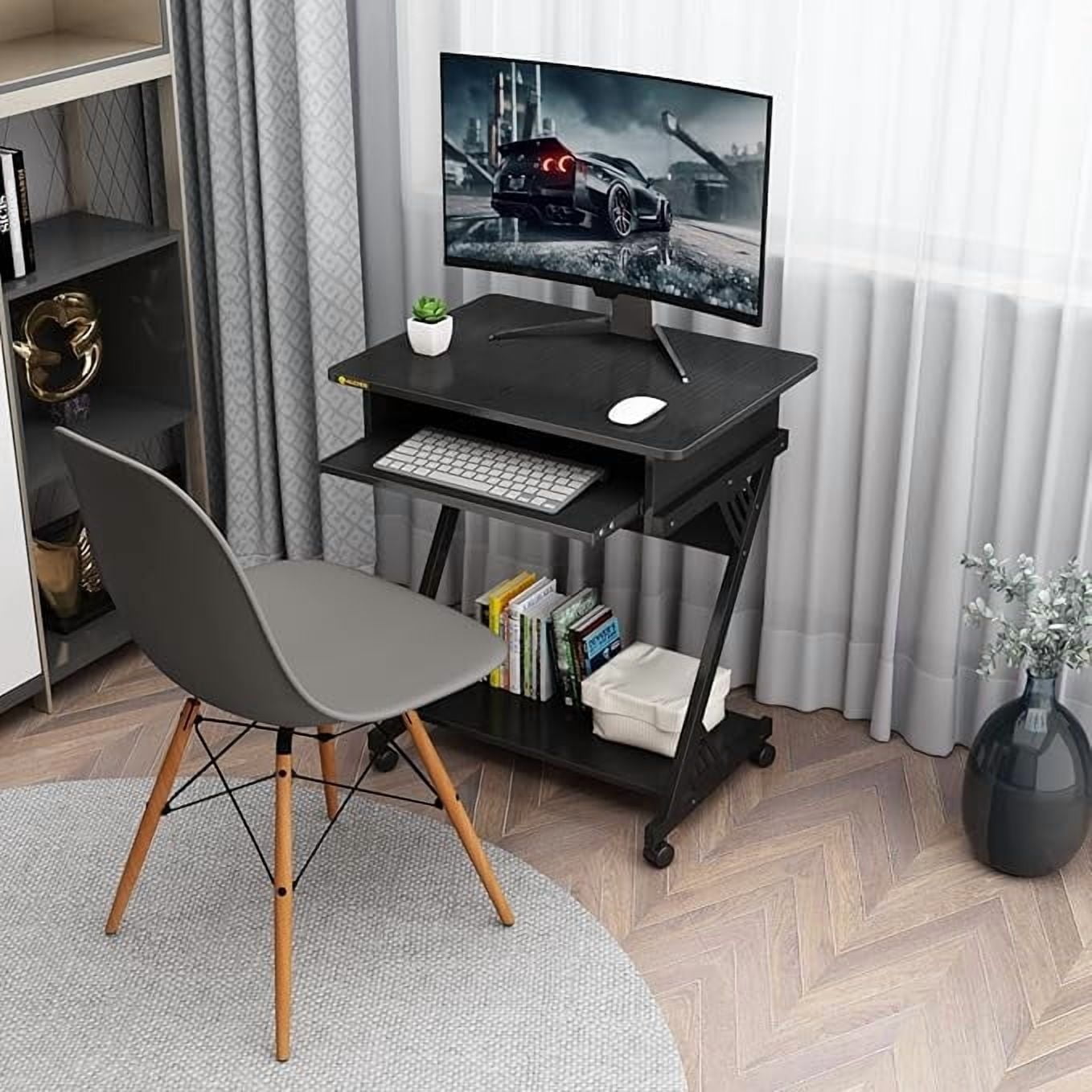 MIN EN WIN 2 Tiers Rolling Computer Desk with Keyboard Tray and Printer Shelf for Home Office, Mobile Computer Desk for Small Space, Retro Computer Table Compact PC Laptop Workstation, Rustic Black