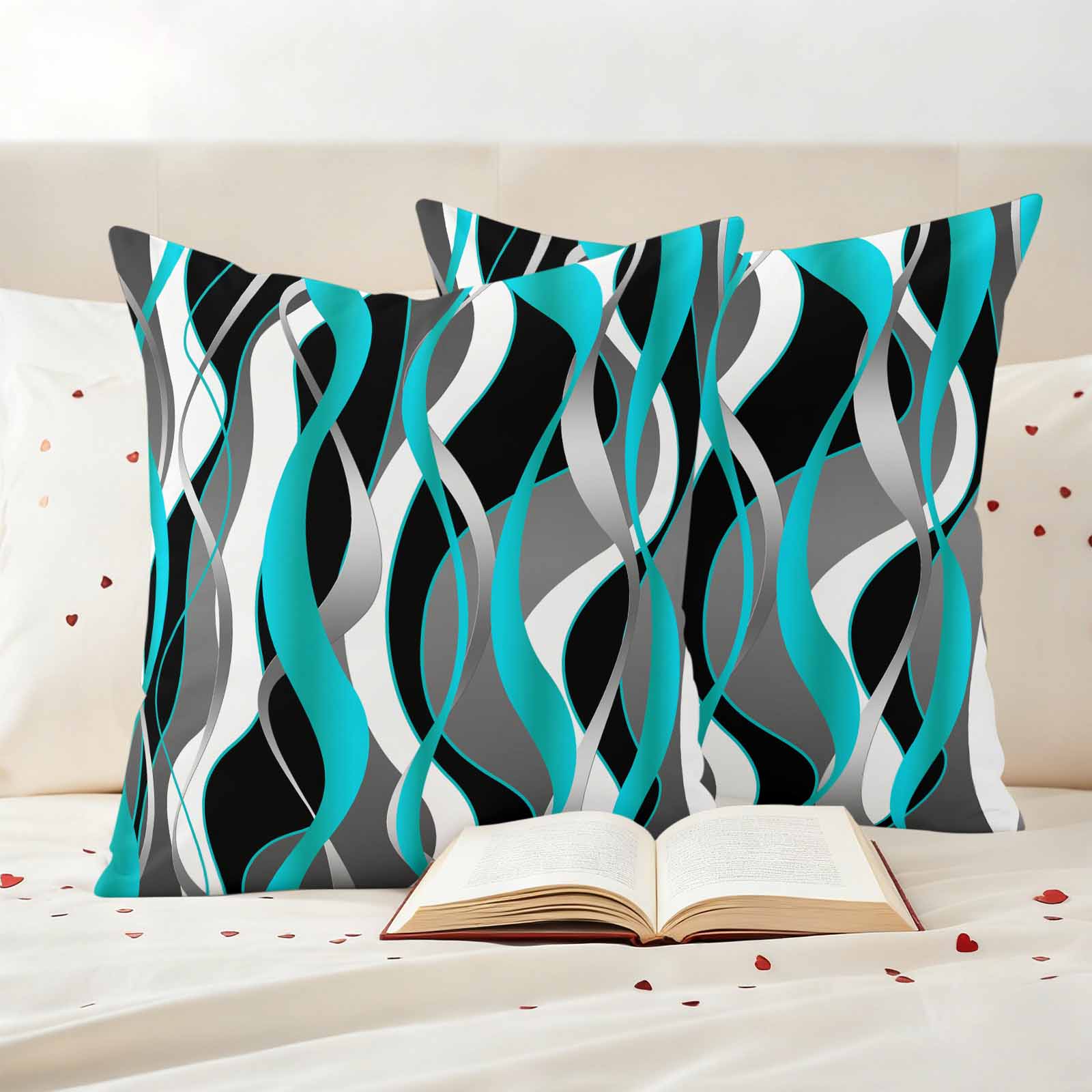 Aqua Stripe Outdoor Waterproof Pillow Covers, Ombre Grey Moire Geometric Modern Abstract Decorative Square Throw Pillowcase Sofa Cushion Sham for Patio/Couch/Chair, 26"x26" 2 Pack