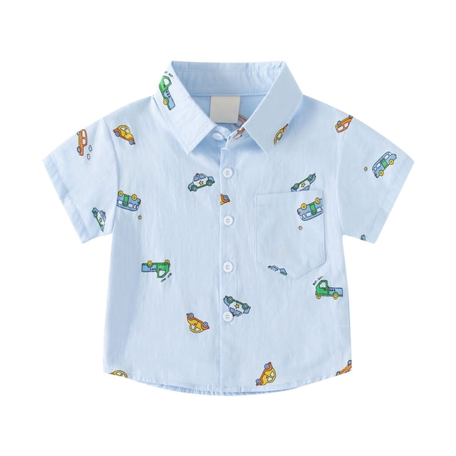 MIASHUI Boys Shirts Cartoon Printed Short Sleeve Button Down Shirt,Light Blue,3-4 Years