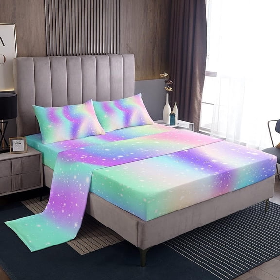 Erosebridal Rainbow Sheet Set Twin Room Decor, Tie Dye Bedding Set Iridescent Trippy Fitted Sheet with Deep Pocket 1 Colorful Sweet Flat Sheet 1 Pillow Case(Pink Purple Blue)