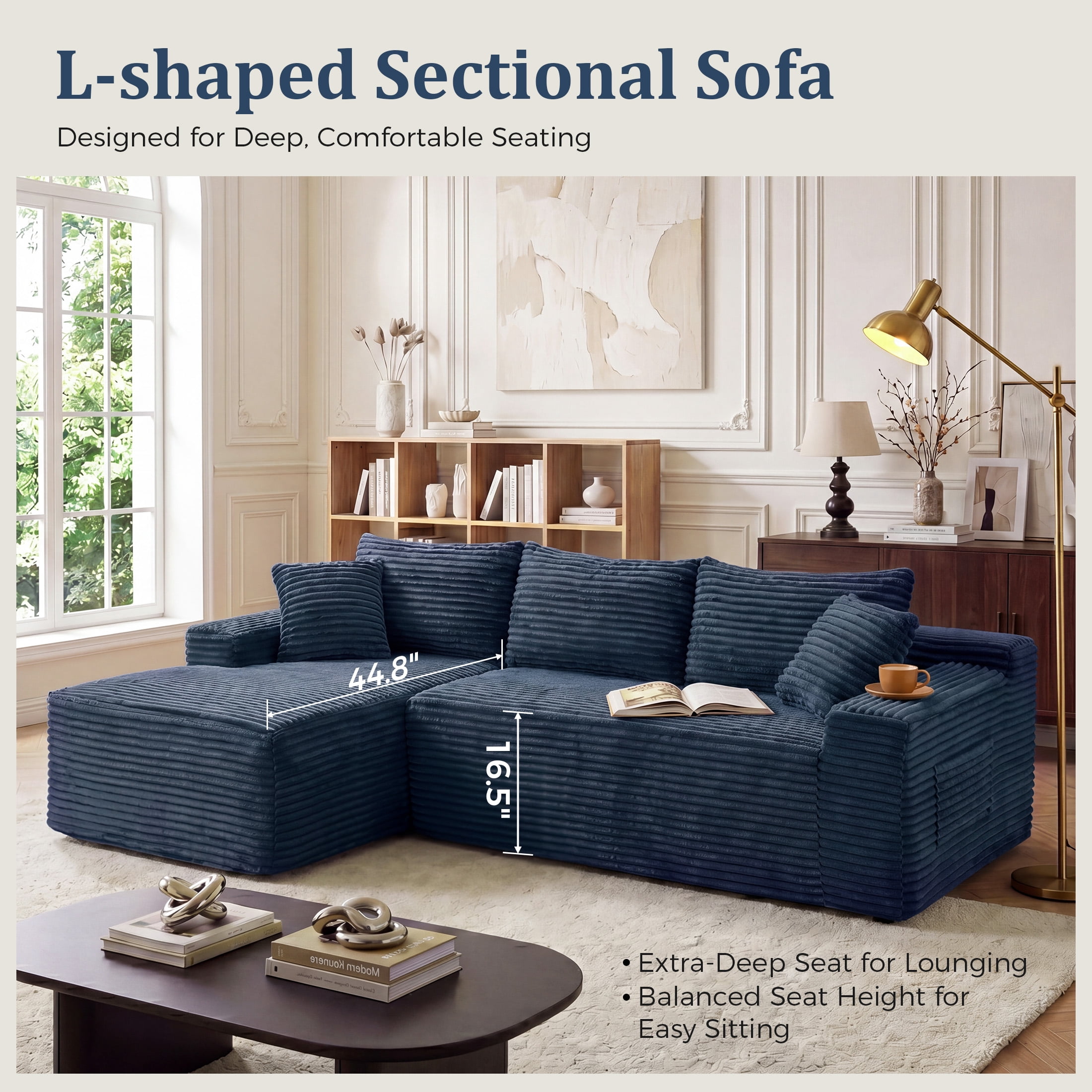 Aenkyo 95 Inch Corduroy L-Shaped Modular Sectional Sofa, Left Chaise, Blue
