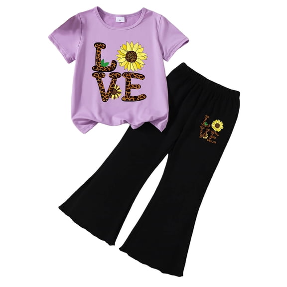 Wxirdiow Kids Girls Summer Clothes Girls' Summer 2-Piece Outfit Set Letter Embellished Short-Sleeve Top Flared Pants C Size,6-7 Years