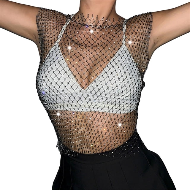 Wangsaura Women Rhinestone Mesh Tank Top, Sleeveless Crew Neck/V-neck Shiny Tops