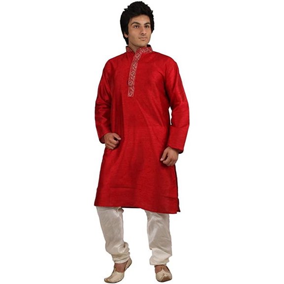 Royal Kurta Men's Silk Blend Embroidered Kurta Churidar Set