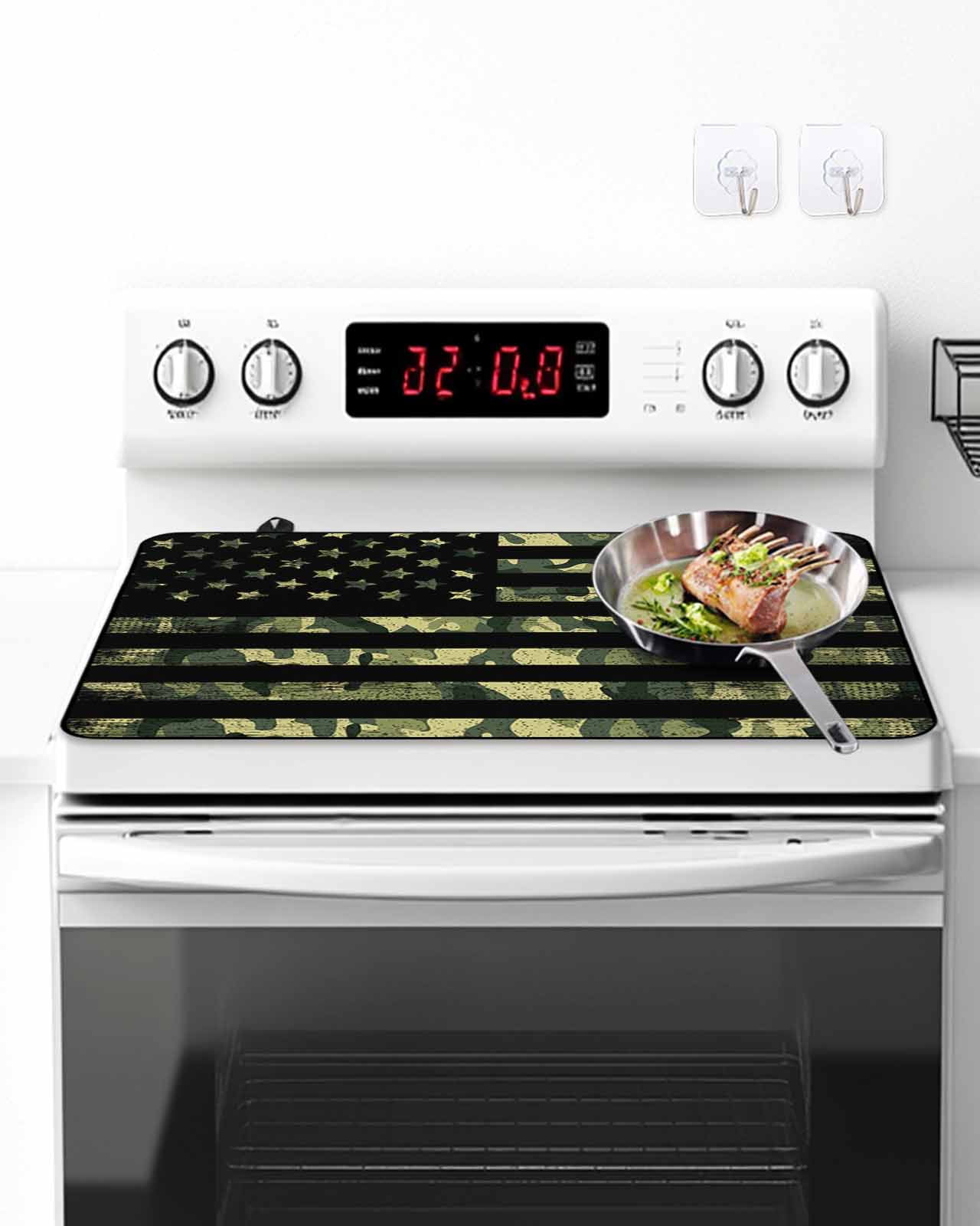 Stove Top Covers for Electric Stove 24x21In, Green Camouflage American Flag Heat Insulation Fireproof Glass Cooktop Protector, Wooden Grain Multipurpose Countertop Stovetop Cover for Kitchen