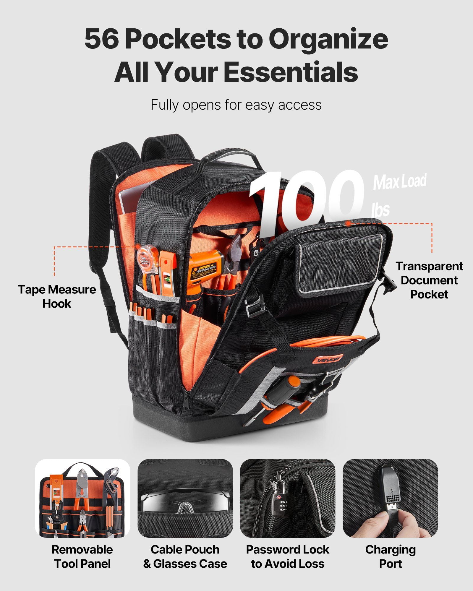Tool Backpack with 56 Pockets and Splash-Resistant 1680D Nylon, Jobsite Tool Bag with Stable PVC Base, Padded Straps, Lock, and Charging Port for Electricians, Plumbers, and Heavy-Duty Outdoor Work