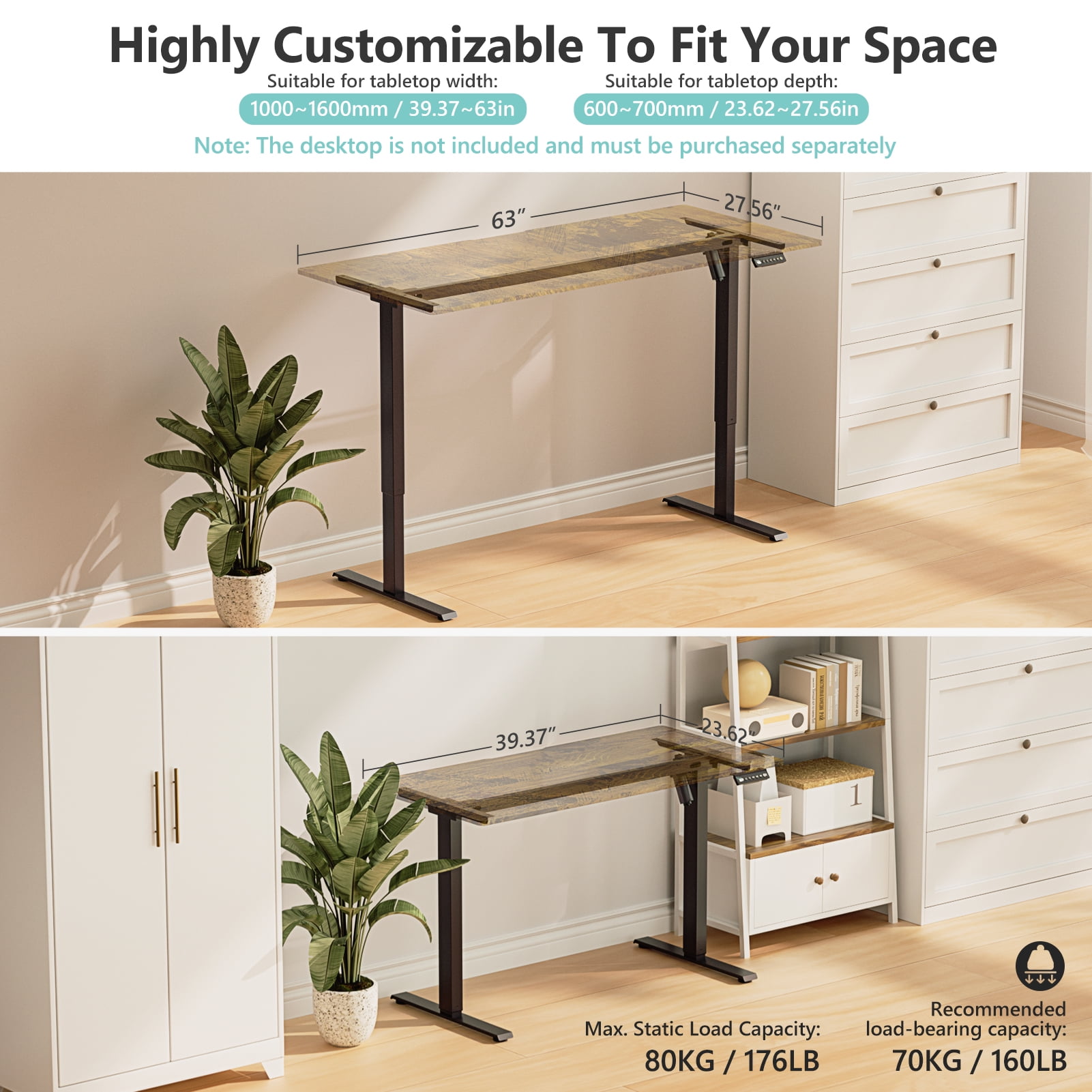 VVENACE Electric Standing Desk Frame, Single Motor Adjustable Stand up Desk Base, 176 lbs Weight Capacity, Computer Desk for Home and Office (Black Frame only)