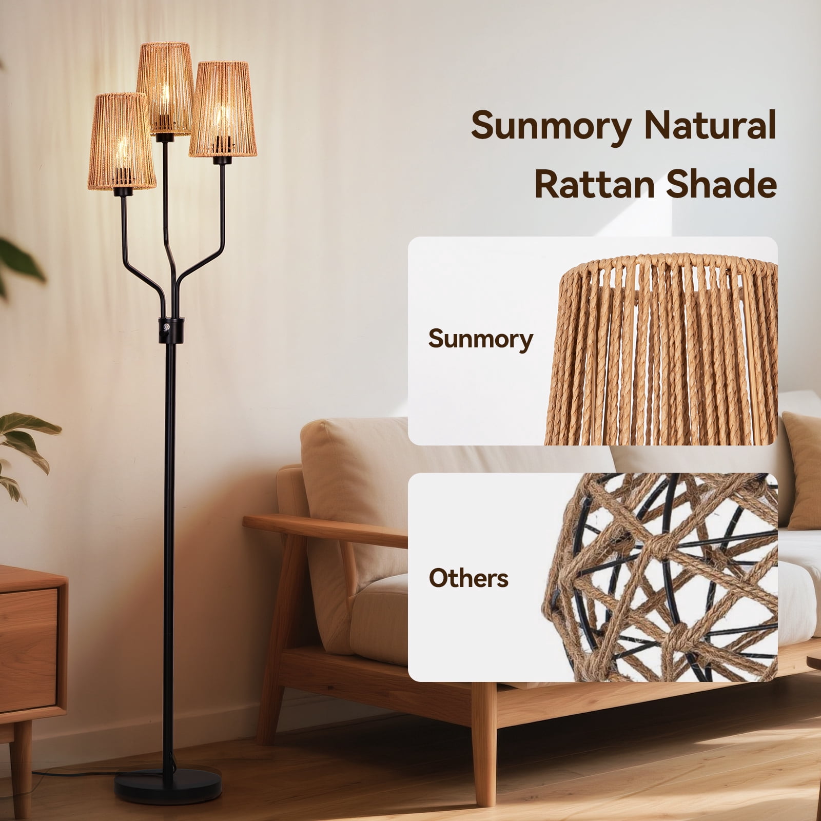 SUNMORY Rattan Floor Lamp, Floor Lamps for Living Room with 3 Tier Dimmable Lighting, Bedroom Floor Lamp for Farmhouse, Rustic Floor Light, Boho Style, Ideal for Living Room, Bedroom, Sofa