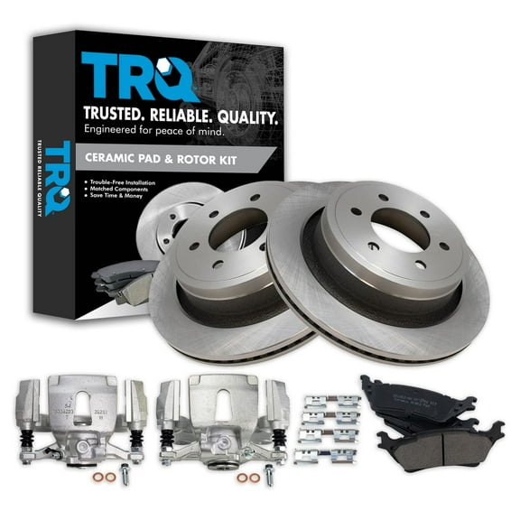 TRQ Rear Brake Pad & Rotor Kit Brake Caliper Brake Pads Brake Rotor Ceramic Vented Fits Select 2015-2018 Ford F-150