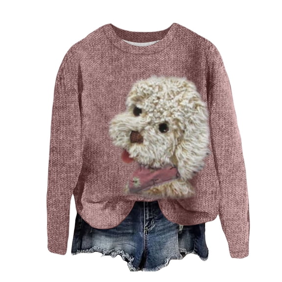 Womens Christmas Dog Thick Needle Print 3D Crewneck Hoodie Street Trend Thick Needle Top Pink S