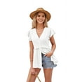 thumbnail image 3 of Womens Casual Tops Short Sleeve V Neck Ruffle Blouse Business Button Shirt Summer White L, 3 of 8