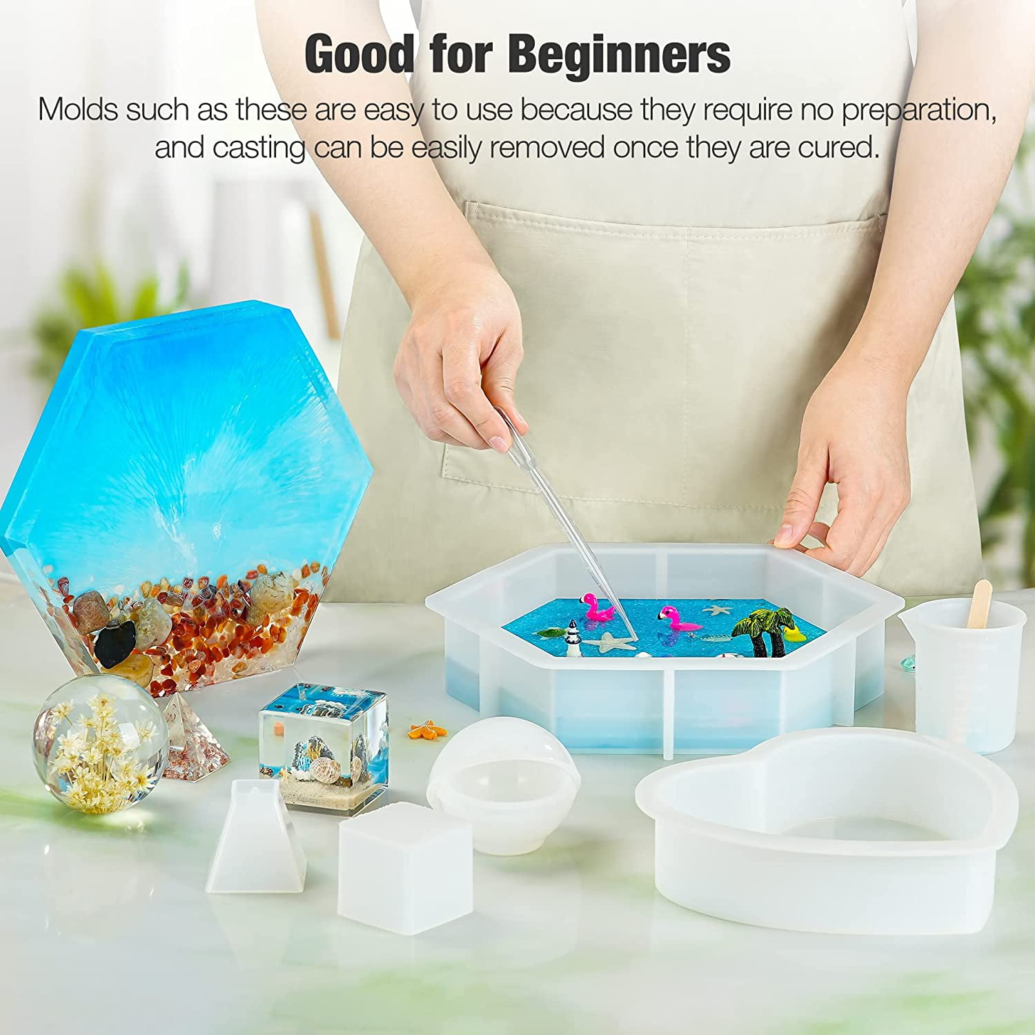 Wiher Resin Molds Silicone Kit, 8 in 1 Silicone Molds for Epoxy Resin, Large Resin Molds for Flowers Preservation, Including Hexagon, Heart, Sphere, Pyramid, Cube and Set Tools