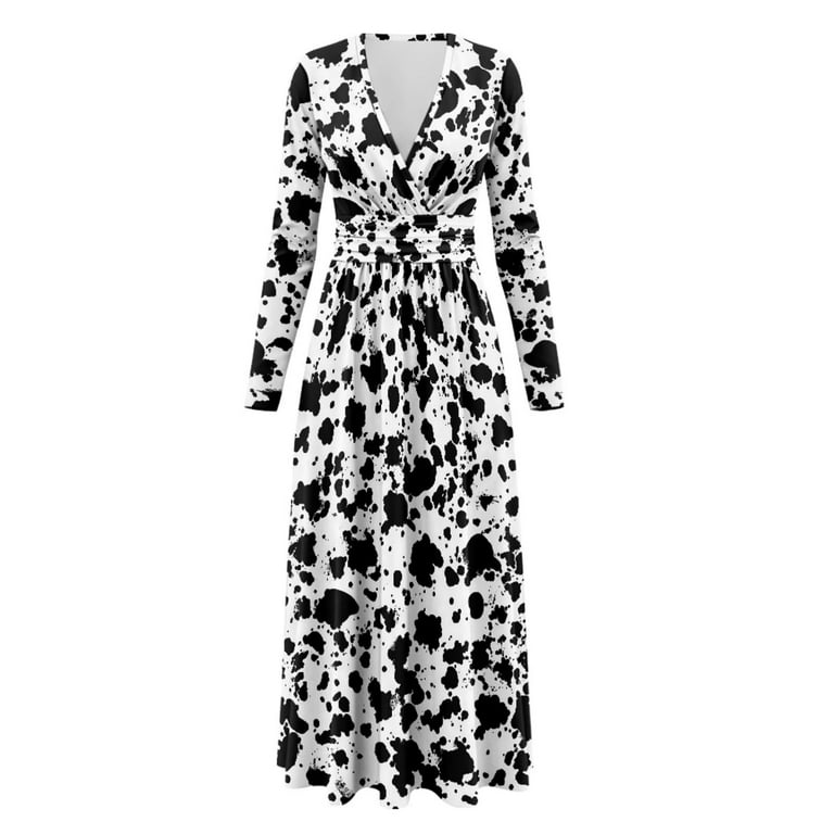 Fkelyi Grunge Cow Print Fall Maxi Dress for Women Long Sleeve V Neck Wedding Guest Dresses Flowy A-Line Elegant Dress with Pockets Spring Winter Cloth