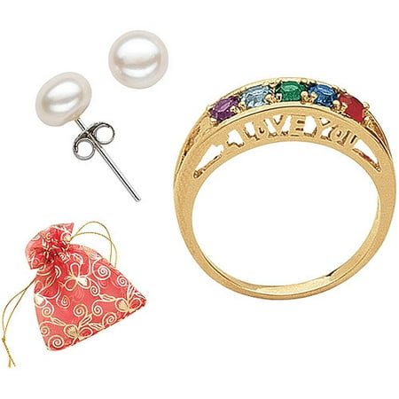 Personalized 14kt Gold-Plated Family Birthstone I Love You Ring with Bounus Pearl Earrings