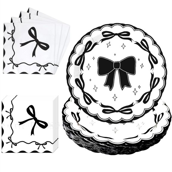 Scheam Disposable Dessert Plates & Knot Napkins Set,Coquette Bow Themed Tableware Decorations,Paper Plates and Tissue,for Wedding Engagement Birthday Dinner Party Supply 40 Pcs Black