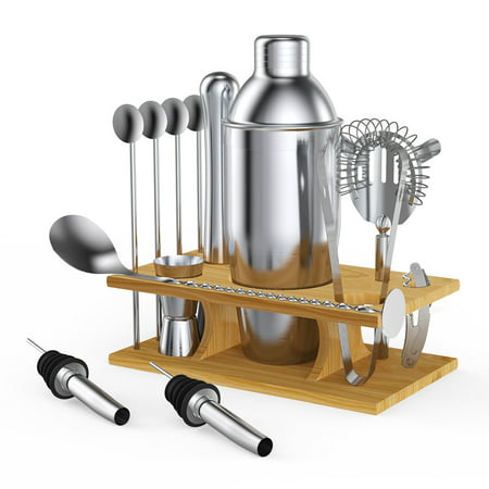 Cocktail Shaker Martini Shaker Set - Bar Accessories : Drink Shaker, Jigger, Drink Mixer Spoon, Strainer, Ice thong, Bottle Opener, Stand-In Gift Box & Cocktail