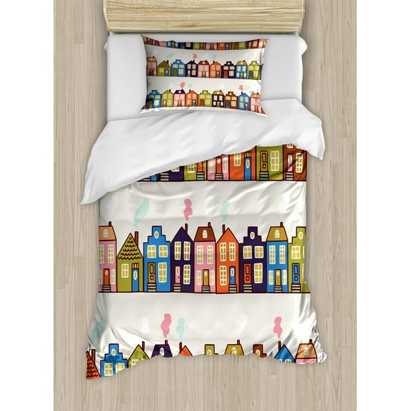 Amsterdam Duvet Cover Set, Horizontally Arranged Funky Houses on Streets in Netherlands, Decorative 2 Piece Bedding Set with 1 Pillow Shams, Twin Size, Pale Eggshell Multicolor, by Ambesonne