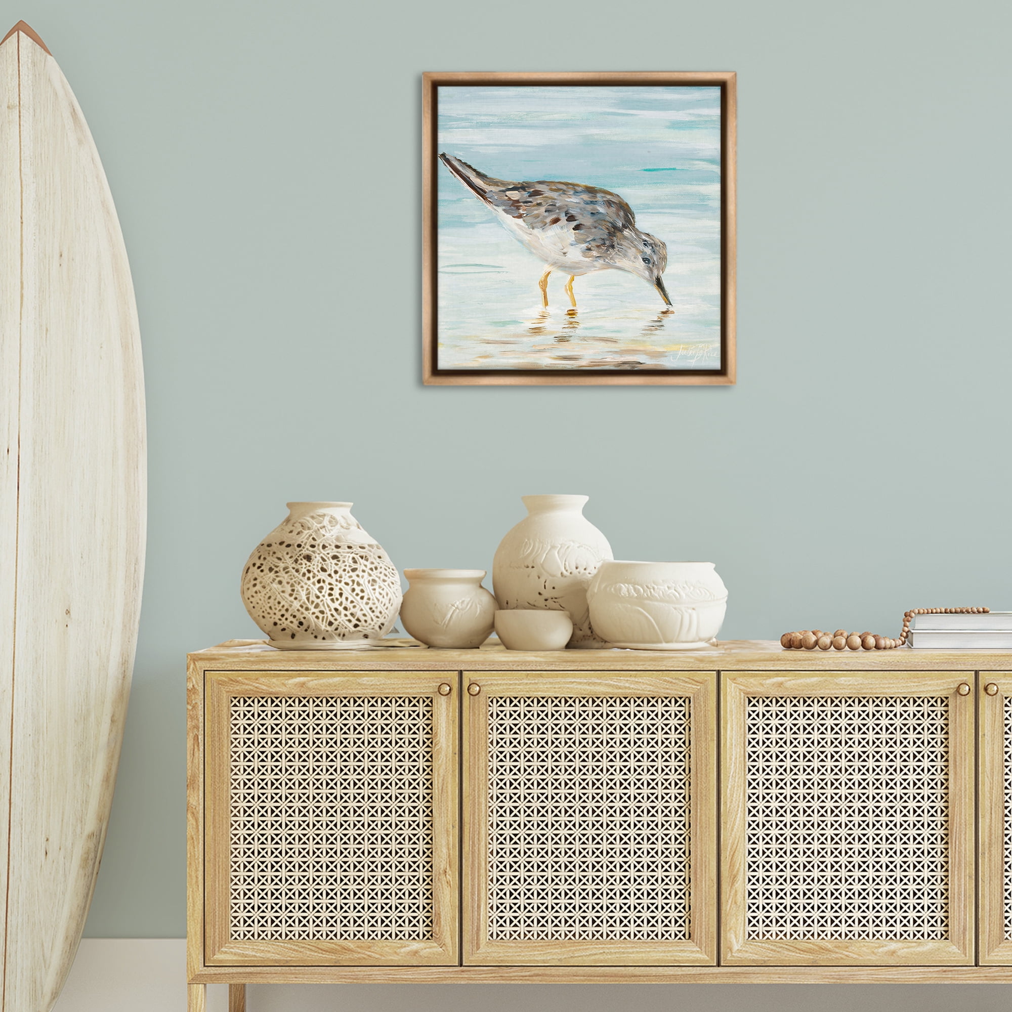 Stupell Industries Grey Beach Sandpiper Animals & Insects Painting Brown Floater Framed Canvas Art Print Wall Art, 25 x 25