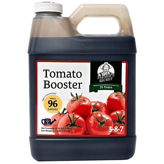 Farmer's Secret Tomato Booster Fertilizer (32oz) - Super Concentrated - 3:8:7 Ratio Fortified with Humic Acid, Iron and Calcium - Grow More Tomatoes