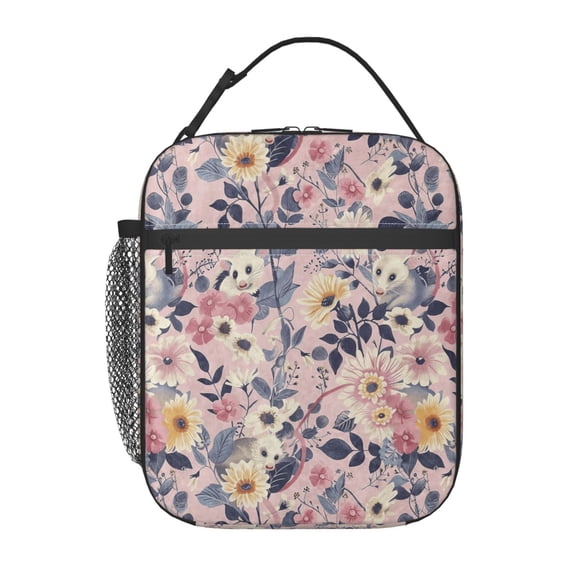 Floral Opossum Cute Animal And Flower Lunch Bag Portable Thermal Lunch Box for Men and Women