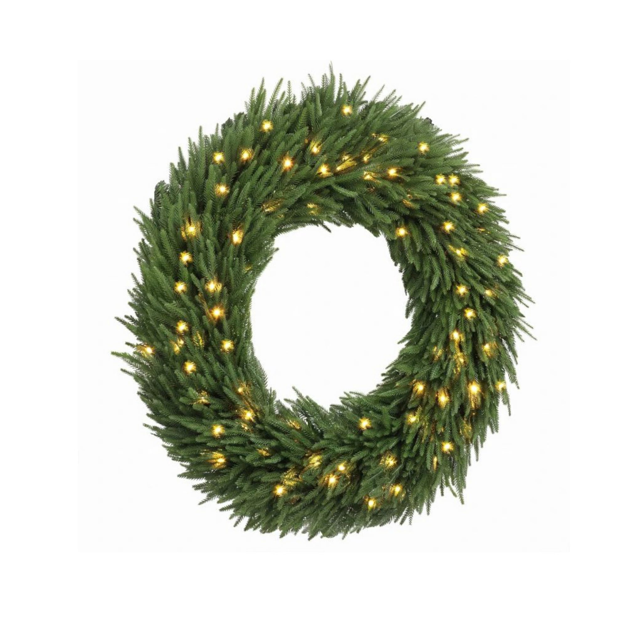 Artificial Christmas Wreath, 36 in Norfolk Pine Design with 100 Warm White LED Lights, 560 Branch Tips, Steel Frame, Indoor and Covered Outdoor Use