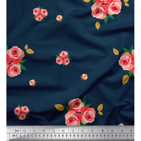 Soimoi Cotton Cambric Fabric Leaves & Rose Flower Print Fabric by the Yard 42 Inch Wide