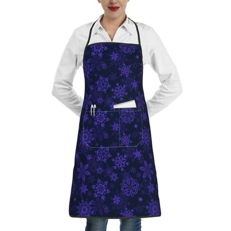 

Qekee purple flower Snowflake Print Adjustable Bib Apron Resistant with Pocket Cooking Kitchen Aprons for Women Men Server Chef Apron