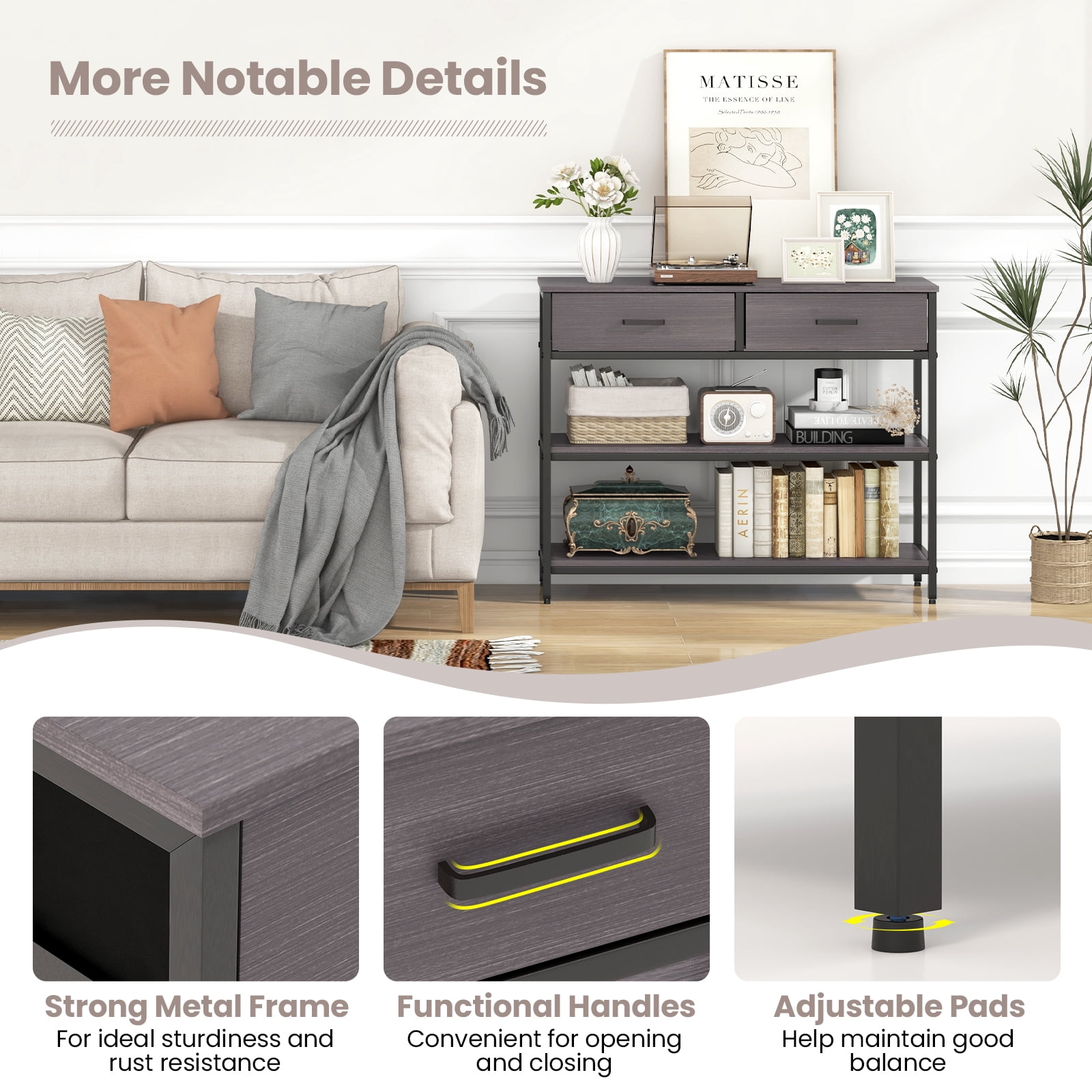 Giantex 3-Tier Entryway Table, Sofa Side Table w/2 Large Drawers & Anti-toppling Device, Console Table w/Metal Frame