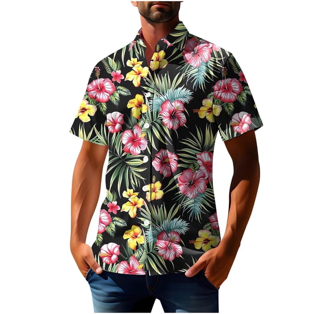Blusa y camisa de manga corta con cuello vuelto para hombre, blusa informal con botones y estampado hawaiano, blusa de manga corta con cuello vuelto para hombre