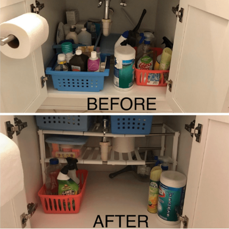 Ubesgoo 2 Tiers Expandable Stackable Under Sink Storage Shelf Rack Adjustable Storage Shelving Unit Cabinet Organizer for Kitchen Bathroom Home, White
