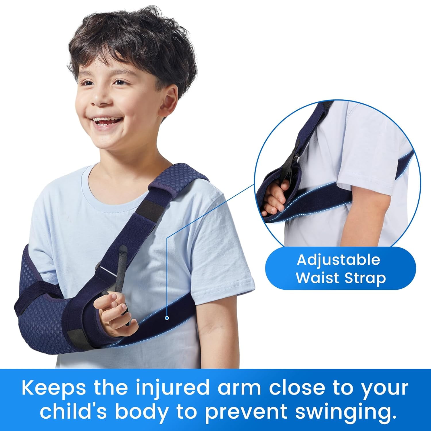 Velpeau Kids Arm Sling Shoulder Immobilizer with Waist Strap -Ventilated & Breathable Support Brace for Children, Boys, Girls (Mesh-Blue, Right, XS)