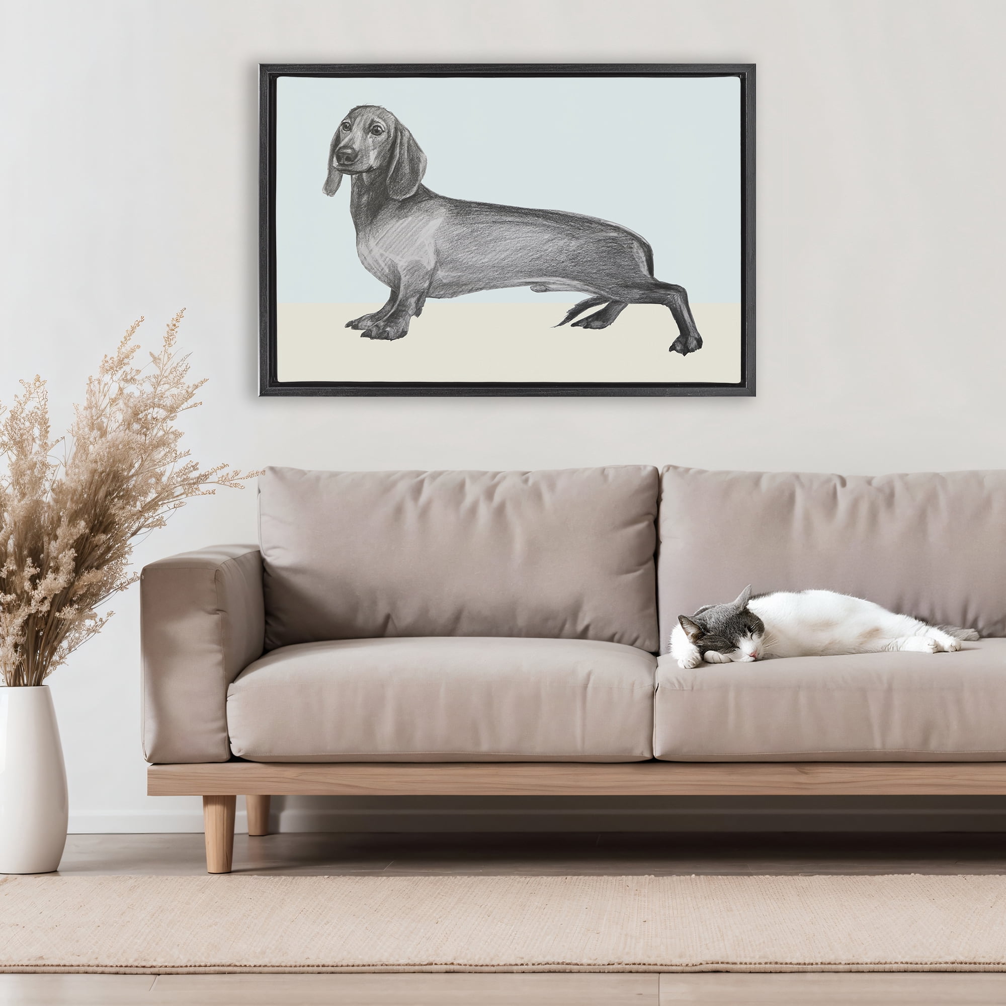Stupell Industries Sketched Dachshund on Blue Black Framed Floater Canvas Wall Art, design by Violeta Vollmer