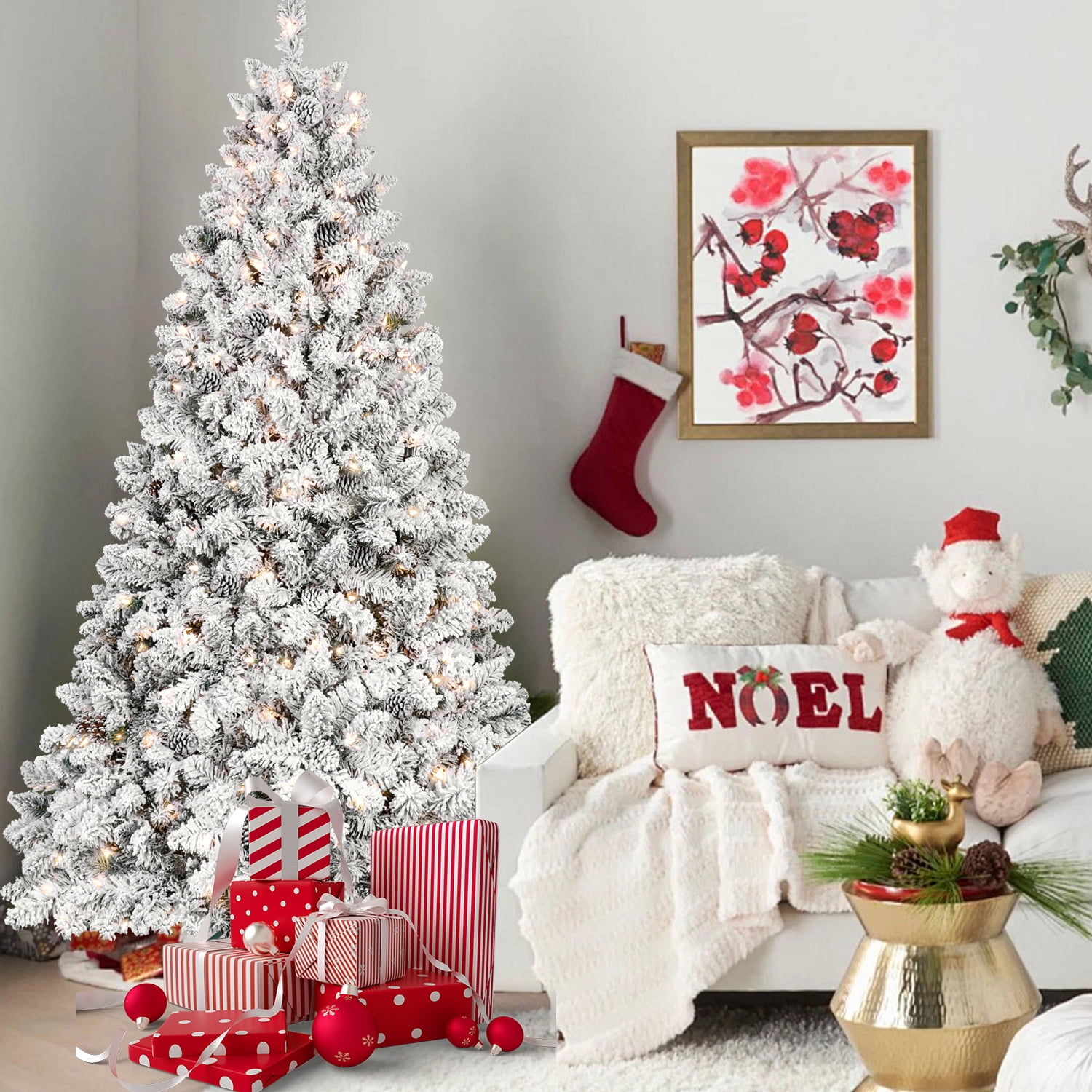 5 Ft Flocked Christmas Tree with 300 UL Lights and 27 Natural Pine Cones, Snowy PVC Tips, 600 Tips, Hinged Structure, Stable Metal Stand, Easy Setup